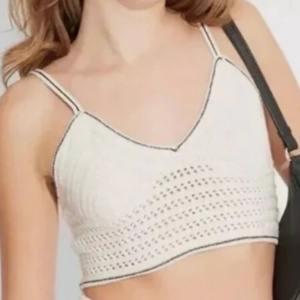 Wild Fable Open Work Crochet Sweater Tank‎ Halter Cropped Off White Black Size L